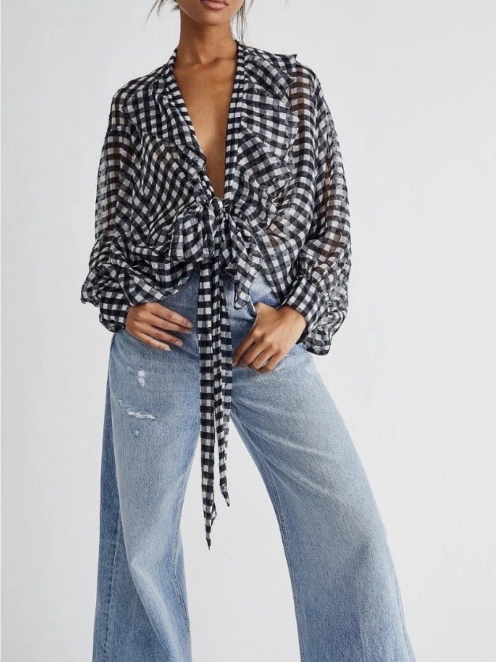 Free People Black & White Gingham Tie-Front Blouse